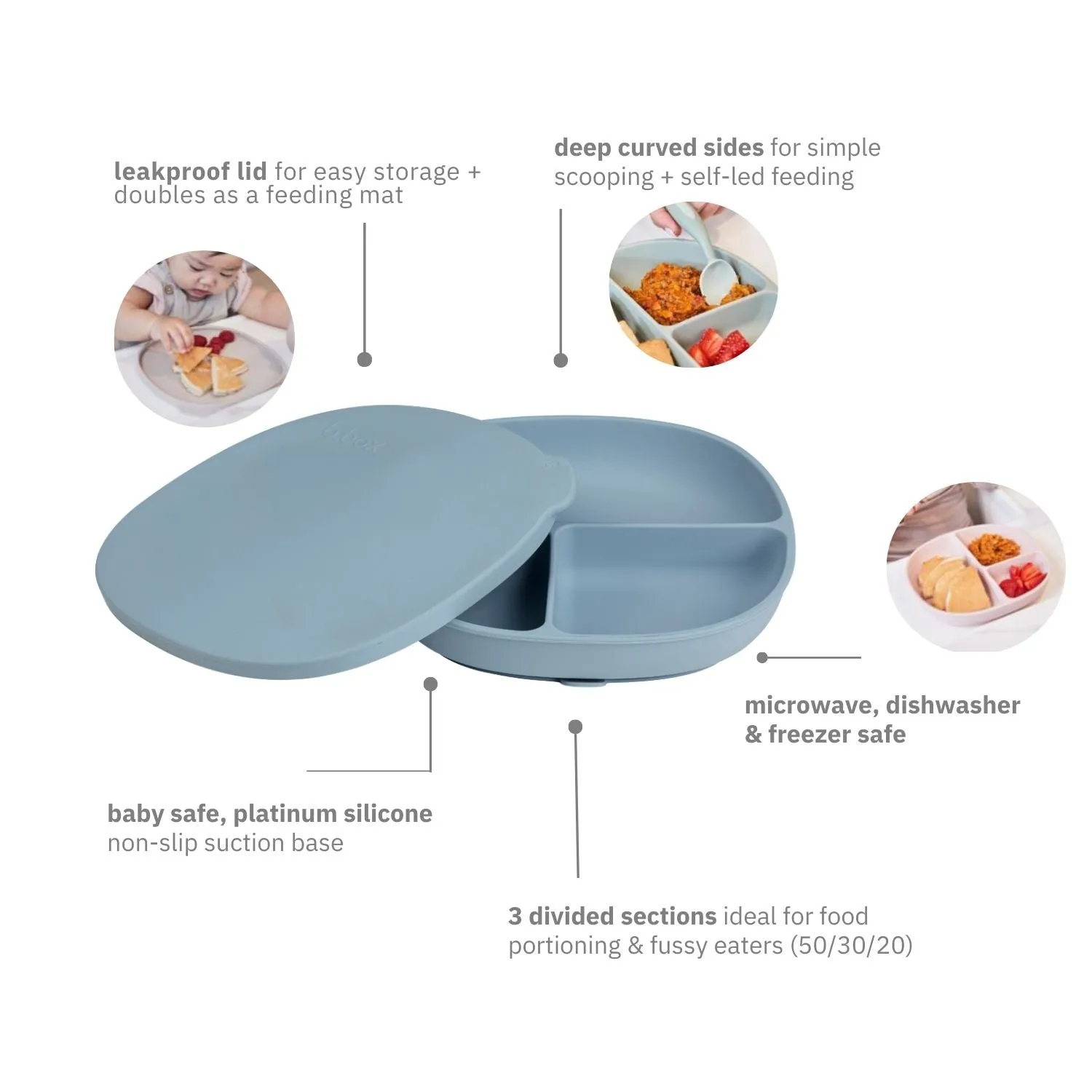 b.box Silicone Plate   Lid with Suction Base Ocean Blue
