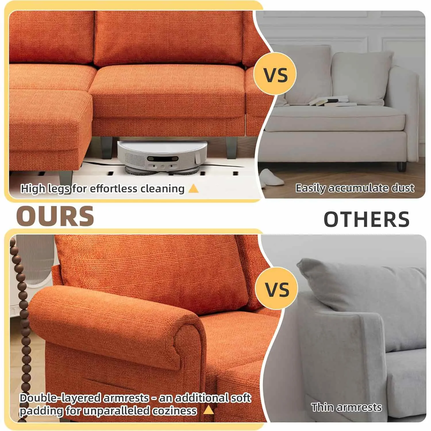 Homrest Modular Sectional Sofa with Chaise and Movable Ottoman, Orange