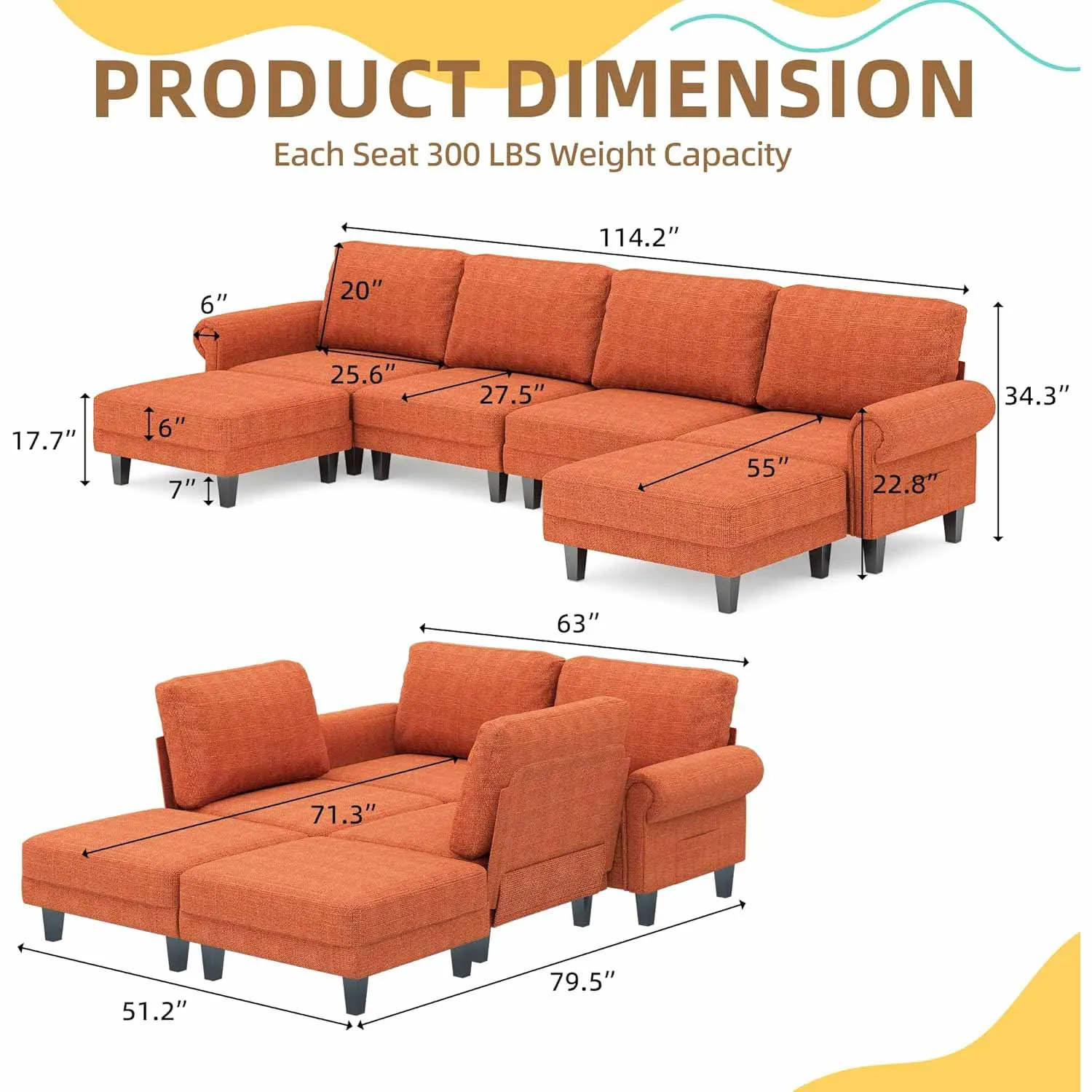Homrest Modular Sectional Sofa with Chaise and Movable Ottoman, Orange