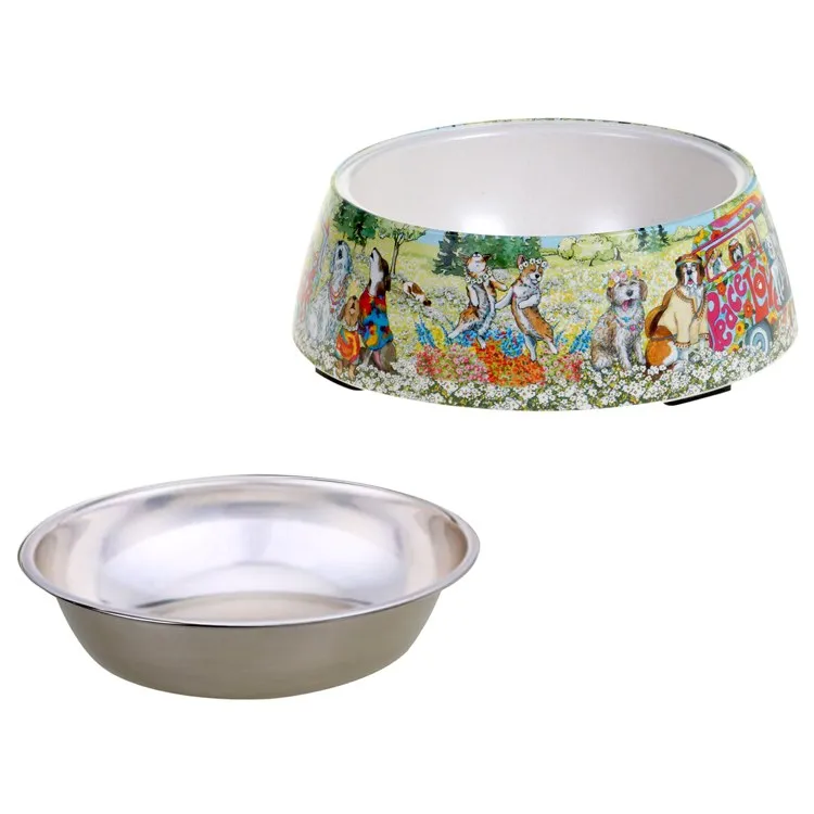 Peace, Love And Treats Bamboo Fiber Pet Bowls with Stainless Steel Insert Set of 2